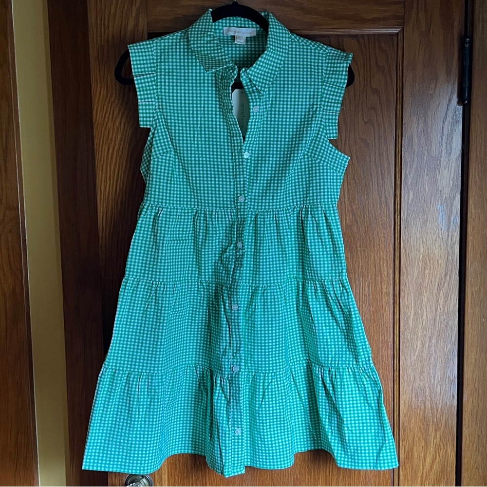 Monteau Los Angeles Short Sleeveless Green & White Gingham Summer Dress size Med